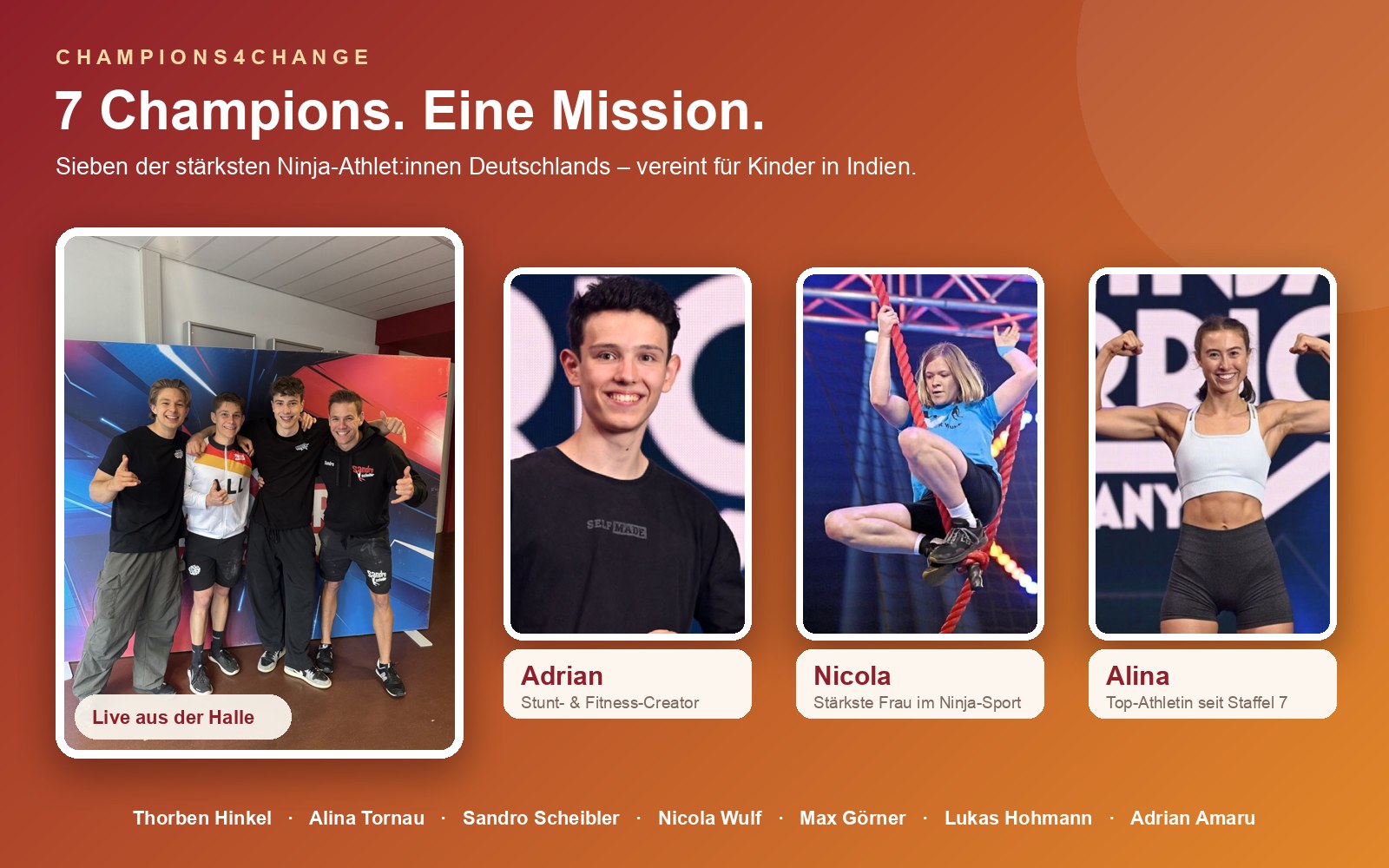 Das Team von Champions4Change: Thorben Hinkel, Alina Tornau, Sandro Scheibler, Nicola Wulf, Max Görner, Lukas Homann und Adrian Amaru – sieben Ninja-Athlet:innen, vereint für Kinder in Indien.